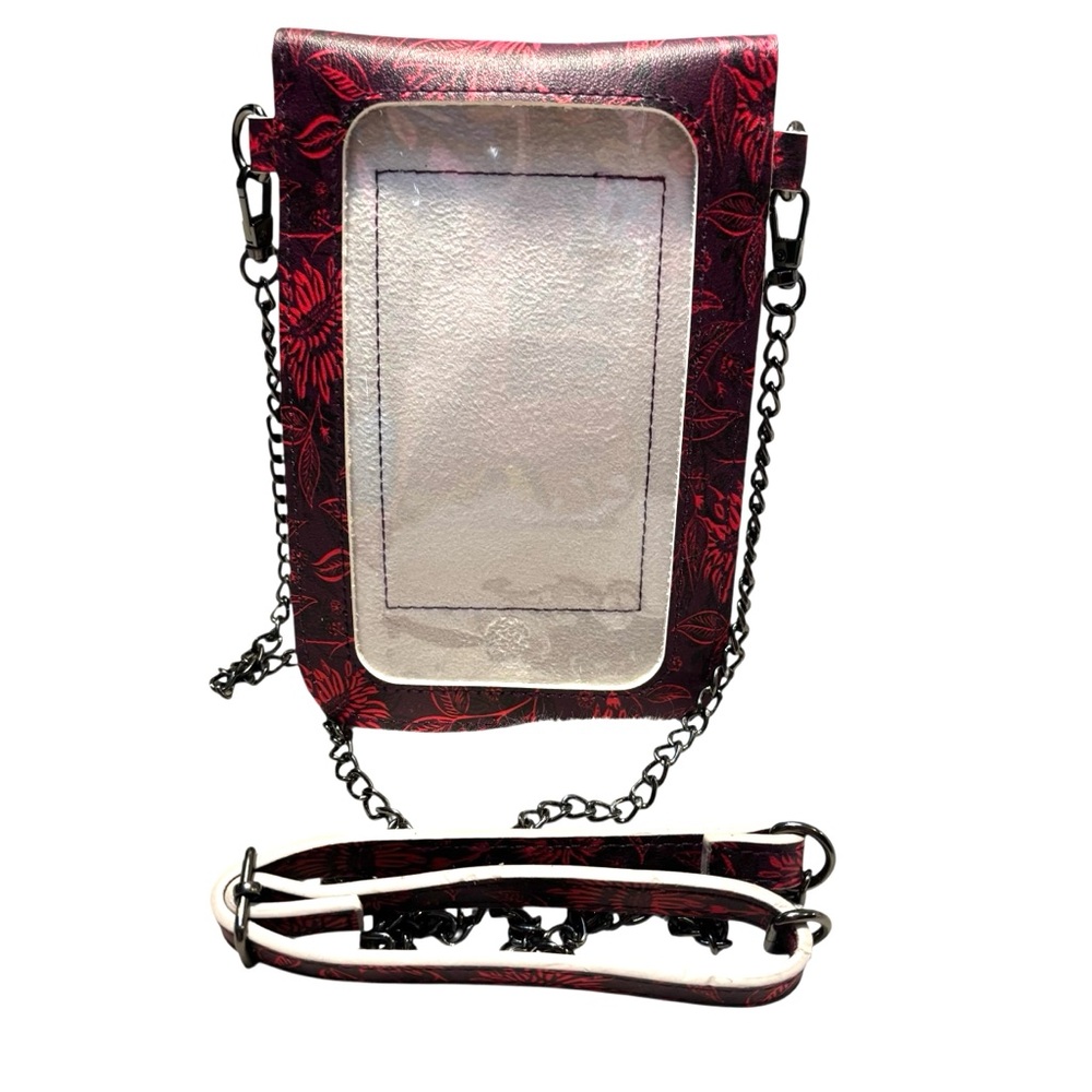 Save the Girls TouchScreen Crossbody Bag Floral Red Gunmetal Grey Hardware Chain - Picture 2 of 11